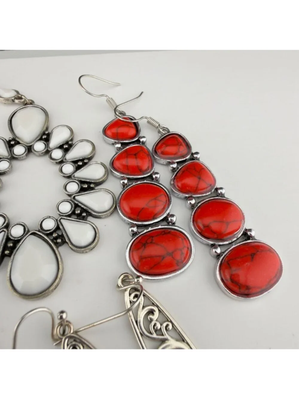 Boho Dangle Drop Chandelier Earrings Set of 6 Mixed Metal Red Blue White Pierced